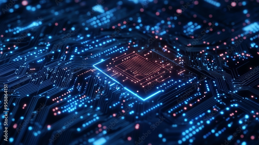 Obraz premium Glowing Circuit Board with Processor Technology Background Abstract Data Digital Network AI Concept
