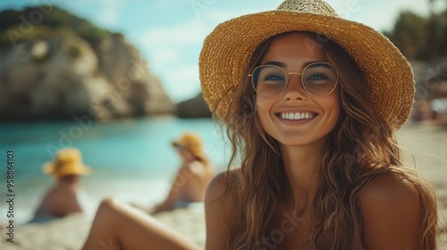 Happy Woman in a Straw Hat Smiling at the Beach