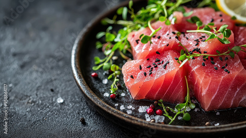 Chunks of fresh tuna garnished with green herbs and black sesame seeds, artistically presented on a dark plate, emphasizing freshness and gourmet appeal.