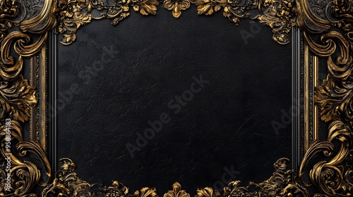 A deep black background with intricate gold embellishments and an ornate border design for a certificate