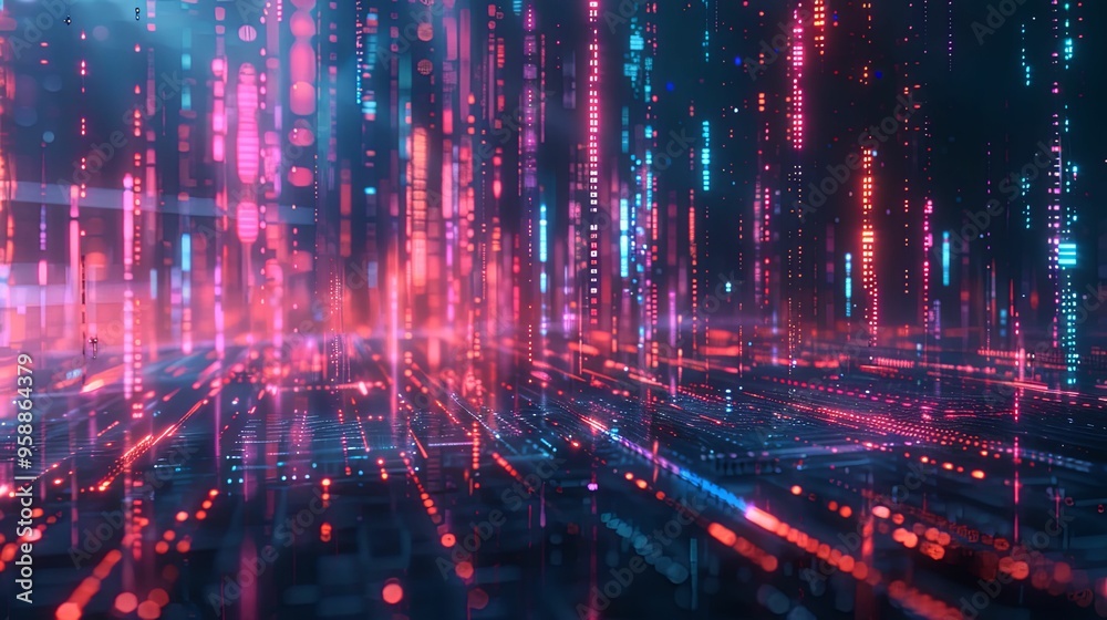 Abstract digital city lights with red and blue neon glow Abstract digital city lights with red and blue neon glow