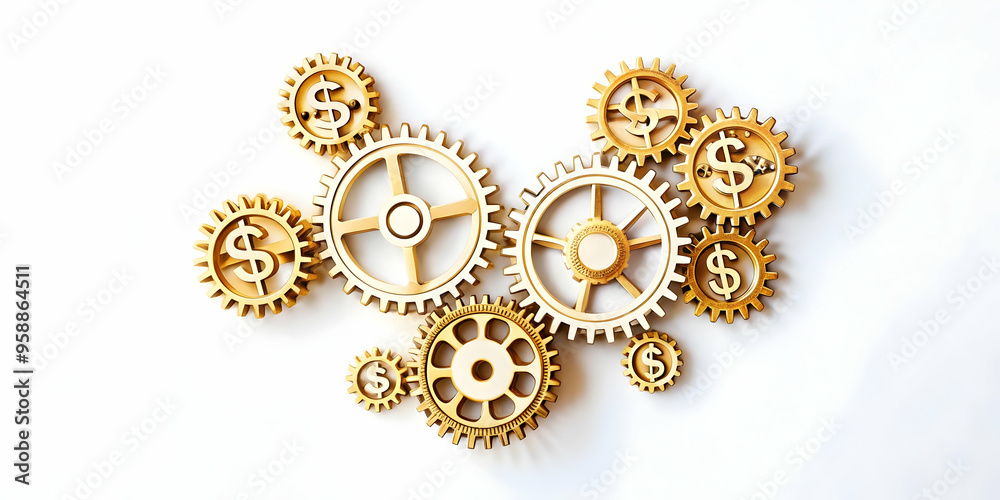 Digital Gears and Money Symbol: Minimalistic Abstract Vector Illustration of Cost Management Automation in Technology - Isolated on White Background Digital Gears and Money Symbol: Minimalistic Abstract Vector Illustration of Cost Management Automation in Technology - Isolated on White Background