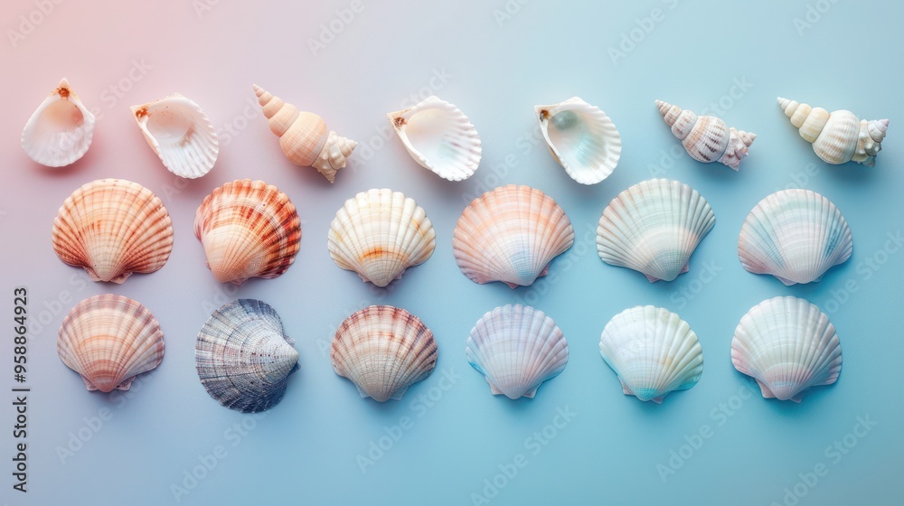 Seashells on a Blue and Pink Gradient Background Seashells on a Blue and Pink Gradient Background