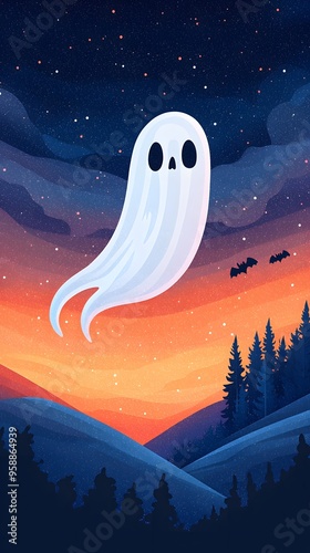 A whimsical ghost illustration floating against a vibrant sunset backdrop with mountains and trees, perfect for Halloween themes. photo