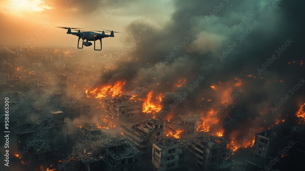 Drone Surveillance Over Burning Cityscape Drone Surveillance Over Burning Cityscape