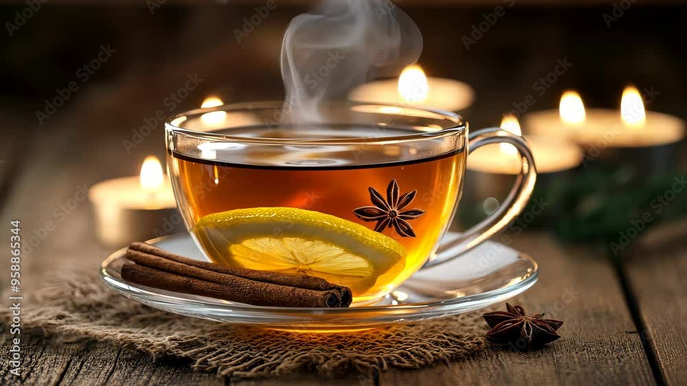 Aromatic steam rising from teacup with lemon and cinnamon sticks Aromatic steam rising from teacup with lemon and cinnamon sticks