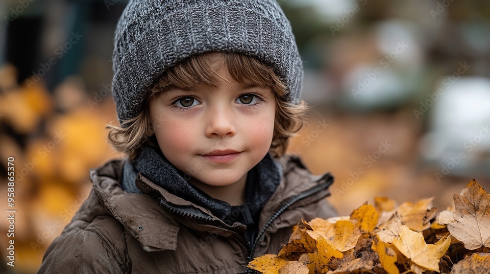 little boy with hoe working in garden during autumn day little boy with hoe working in garden during autumn day