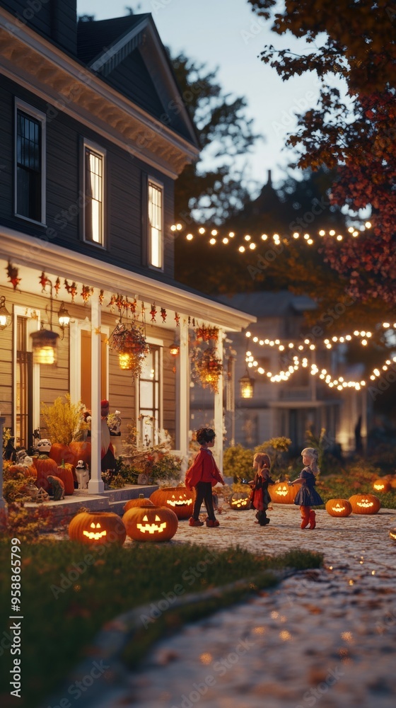 Naklejka premium Trick-or-Treat Street with Kids in Costumes and Houses Decorated for a Spooky Halloween Night