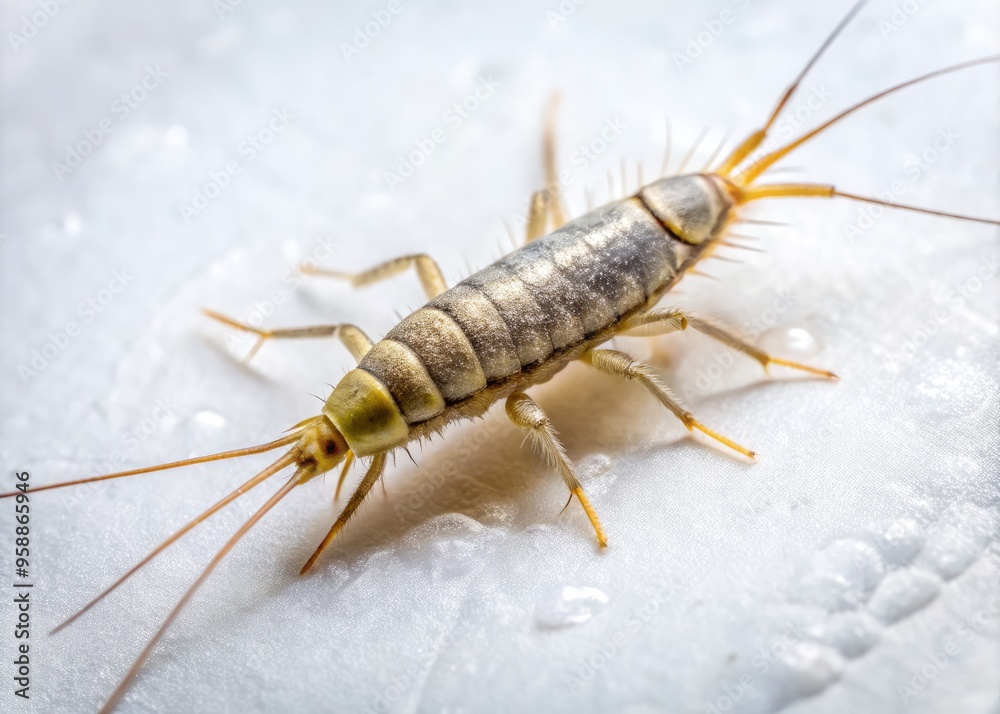 Close-up of silverfish insects, also known as carpet sharks, crawling on a white surface, showcasing their slender, elongated bodies and antennae-like appendages. Close-up of silverfish insects, also known as carpet sharks, crawling on a white surface, showcasing their slender, elongated bodies and antennae-like appendages.