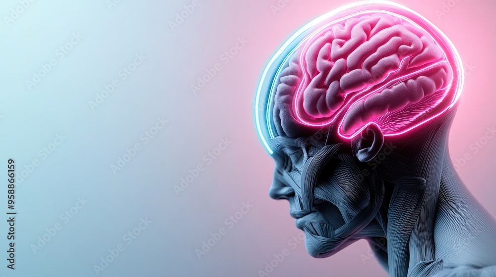 Human Brain with Neon Light in Pink and Blue Gradient Human Brain with Neon Light in Pink and Blue Gradient