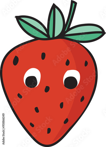 Cartoon strawberry with face illustration on transparent background.
