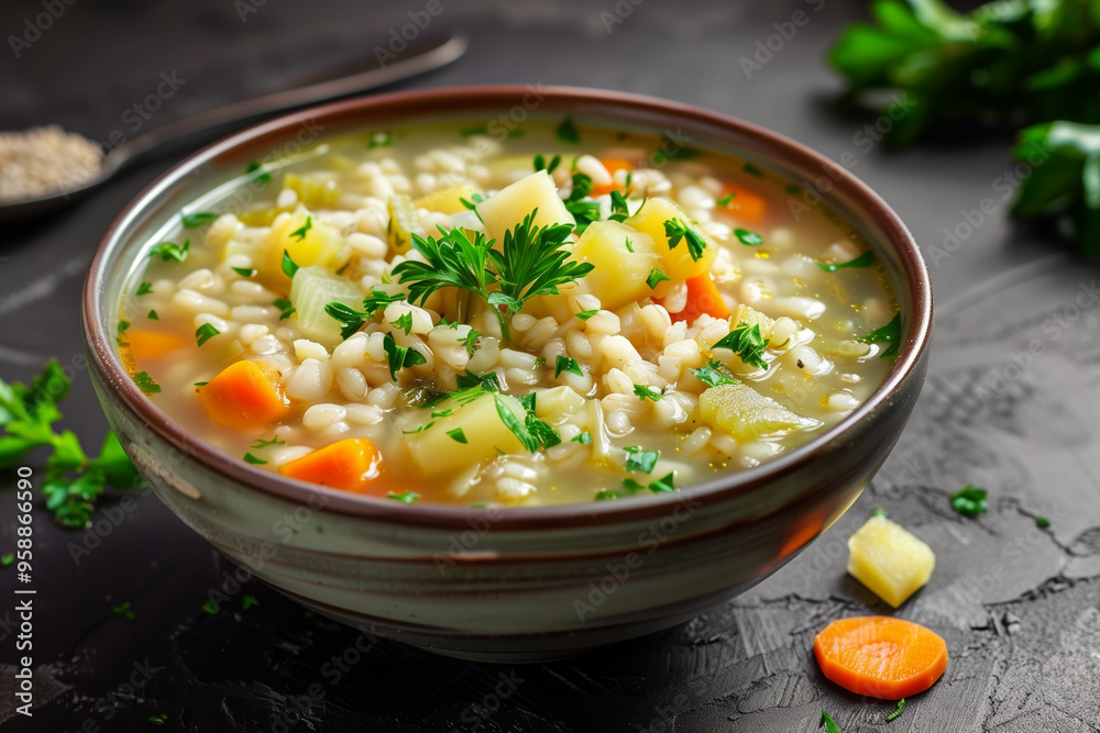Barley soup with vegetables and chicken. Barley soup with vegetables and chicken.