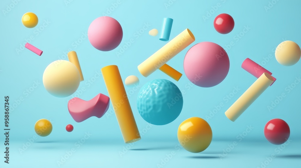 Abstract Colorful Geometric Shapes Floating on Blue Background Abstract Colorful Geometric Shapes Floating on Blue Background