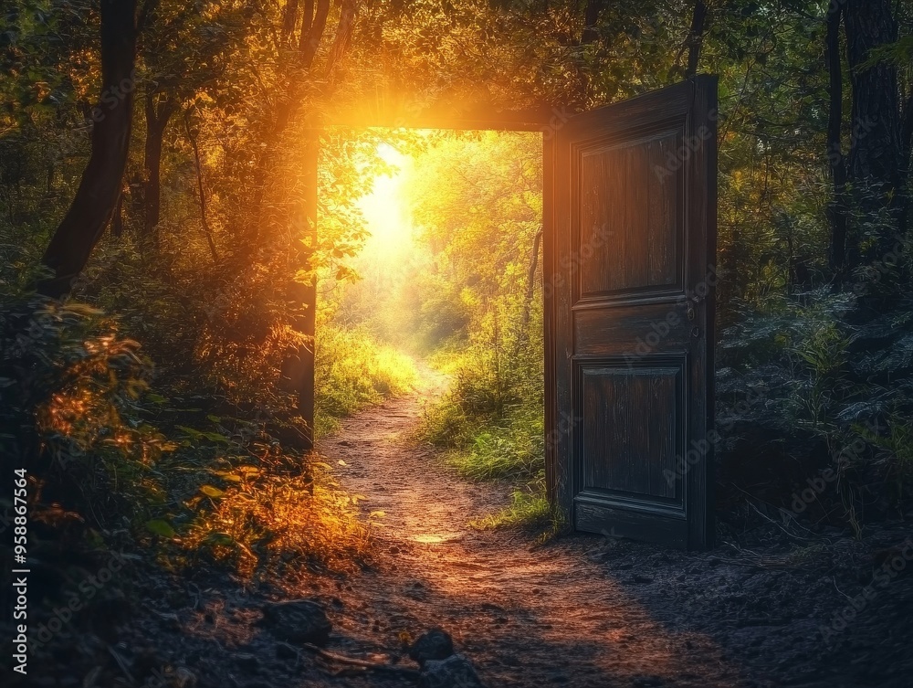 Forest Path to Golden Light: Open Door to a sunlit path in an enchanted forest, symbolizing new beginnings, hope, and the journey ahead 