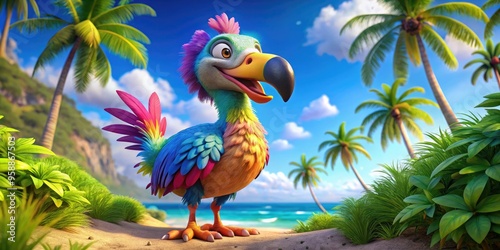 Colorful 3D animated dodo bird with vibrant feathers, smiling and winking, stands on a tropical island with lush greenery, swaying palm trees, and a sunny sky. photo