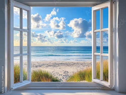 Ocean View Through Open Window: A peaceful and serene beach scene, with an open window framing the turquoise ocean, white sand beach, and fluffy clouds in the sky.