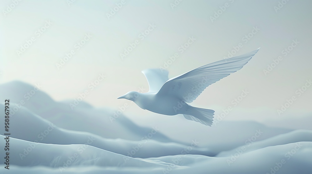 A serene white bird gracefully flies over soft, misty clouds, embodying tranquility and freedom in a calming atmosphere. A serene white bird gracefully flies over soft, misty clouds, embodying tranquility and freedom in a calming atmosphere.
