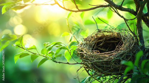 An empty bird's nest sits delicately among green leafy tree branches, capturing the exquisite beauty and tranquility of nature, and symbolizing new beginnings and potential growth.