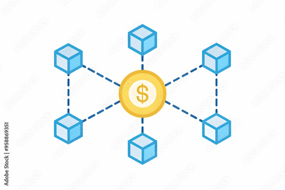 Flat AI Blockchain and Investment Concept: Abstract Vector Illustration of Blockchain Nodes and Investment Arrow Intersecting for Cost-Effective Strategies. Smart Business Tone. Isolated on White Back