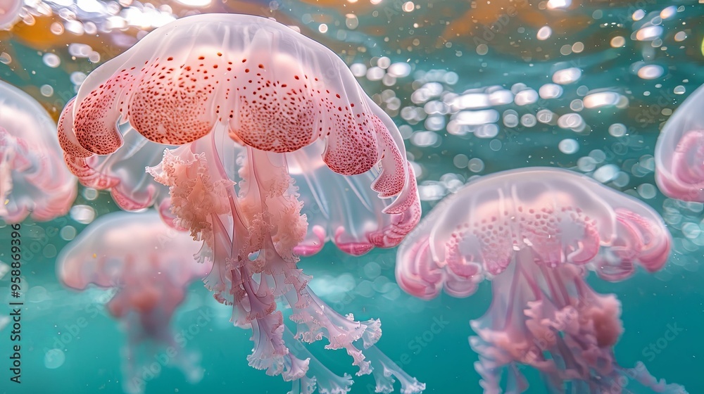 Naklejka premium Pink Spotted Jellyfish Underwater with Blurry Background