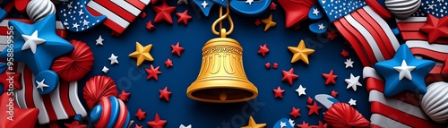 Colorful decoration featuring a golden bell surrounded by stars and flags, perfect for celebrating holidays and events.