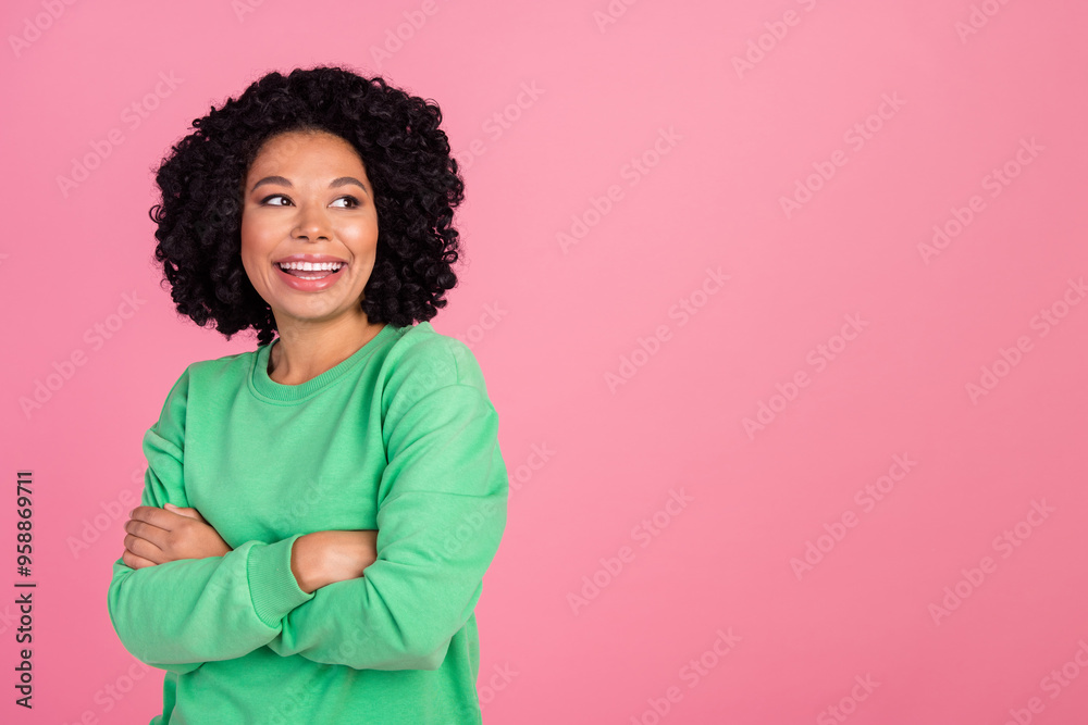 Photo of young charming woman with chevelure in green sweatshirt folded hands confident looking at her plan isolated on pink color background Photo of young charming woman with chevelure in green sweatshirt folded hands confident looking at her plan isolated on pink color background