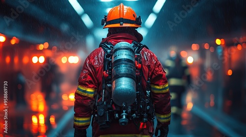 lowsection of firefighter preparing for action in fire station at night photo