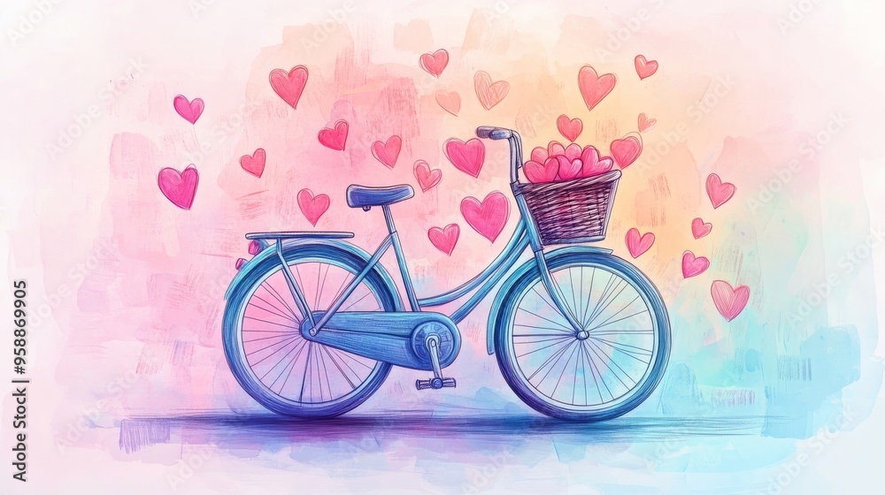 Fototapeta premium Watercolor Bicycle with Hearts.