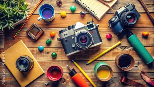 Colorful camera equipment and photography accessories scattered on a wooden desk, surrounded by inspirational quotes and notes, evoking a sense of creative learning. photo