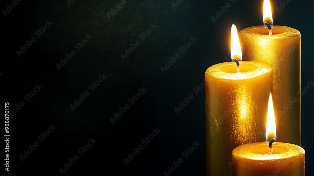 Three gold candles burning brightly against a dark background. Three gold candles burning brightly against a dark background.
