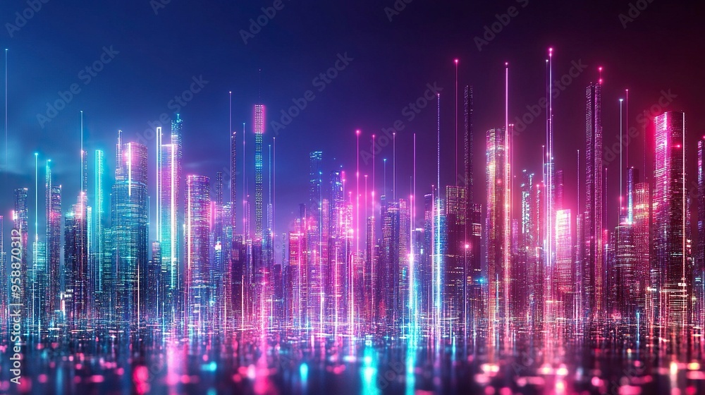 Futuristic urban skyline with bright, colorful lights and tall structures. Premium background for the latest technology needs. generative ai Futuristic urban skyline with bright, colorful lights and tall structures. Premium background for the latest technology needs. generative ai