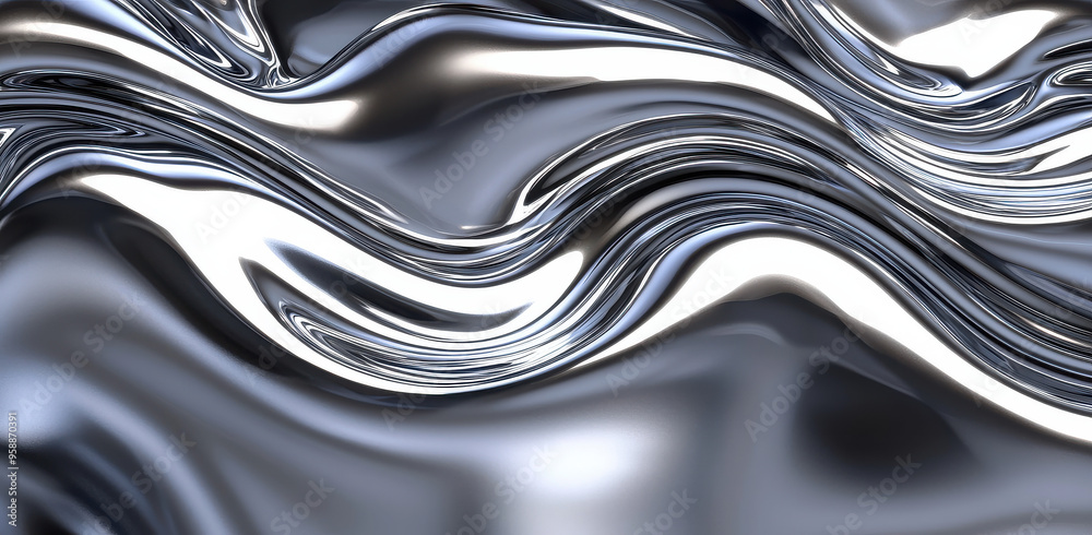 This image depicts smooth, flowing metallic waves, showcasing reflective silver surfaces, creating a visually captivating and abstract design element ideal for various uses. This image depicts smooth, flowing metallic waves, showcasing reflective silver surfaces, creating a visually captivating and abstract design element ideal for various uses.
