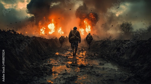 Into the Inferno: A haunting and dramatic image of soldiers marching through a war-torn landscape, engulfed in flames and smoke. A stark reminder of the horrors of conflict, the soldiers' silhouetted 