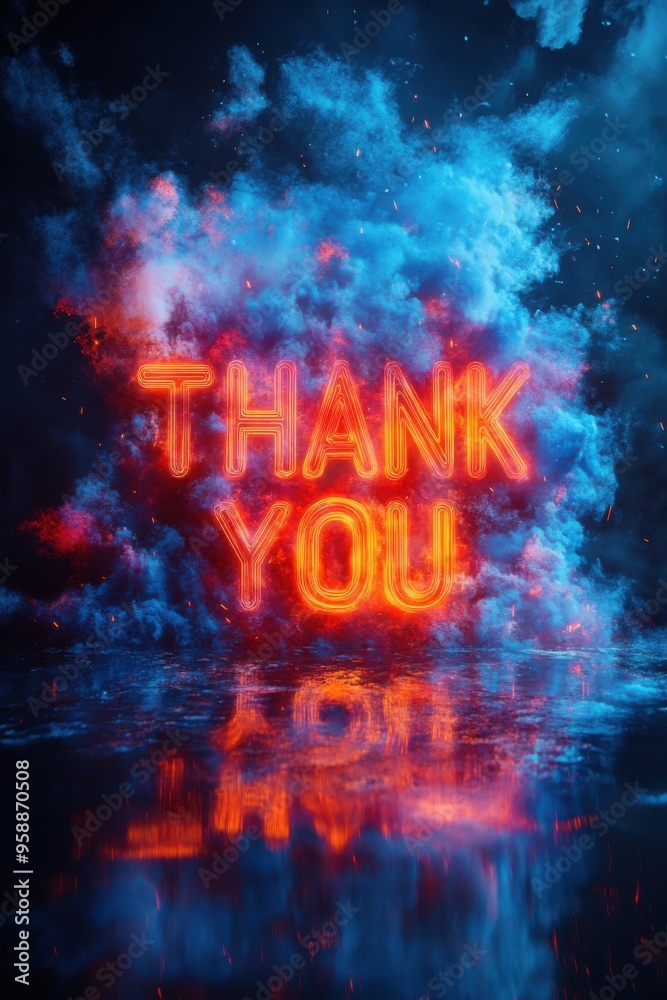 Obraz premium Thank you neon sign on a dark background with clouds
