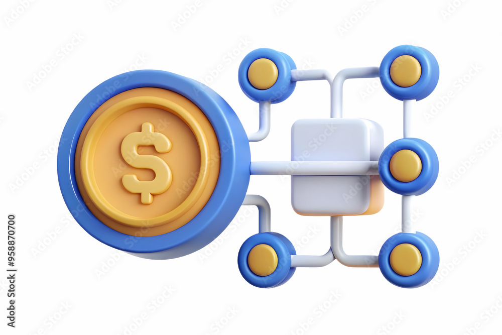 Flat AI Data Stream and Coin Concept - Abstract Vector Illustration of AI-Driven Data Integration in Financial Decision-Making | Smart Business Tone