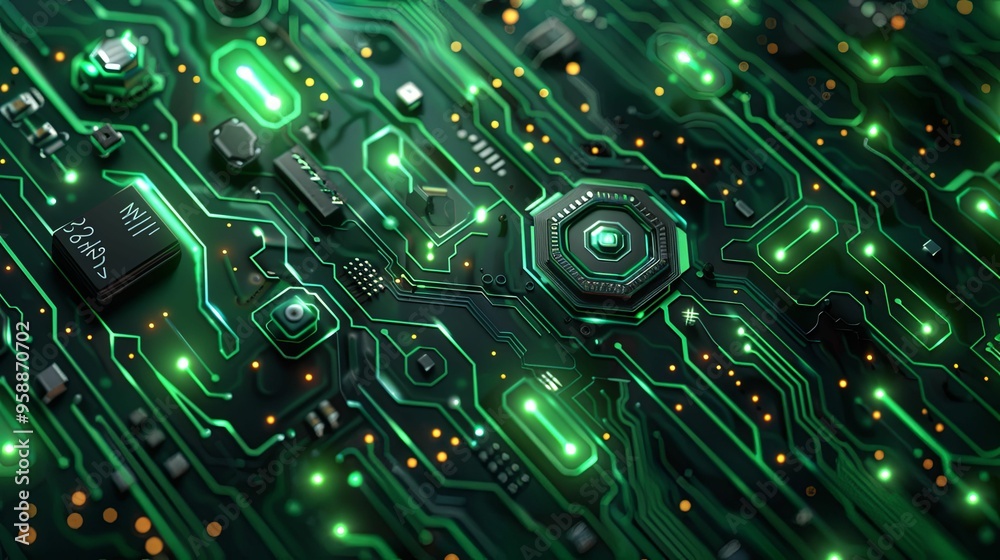 Green Circuit Board with Glowing Lights Green Circuit Board with Glowing Lights