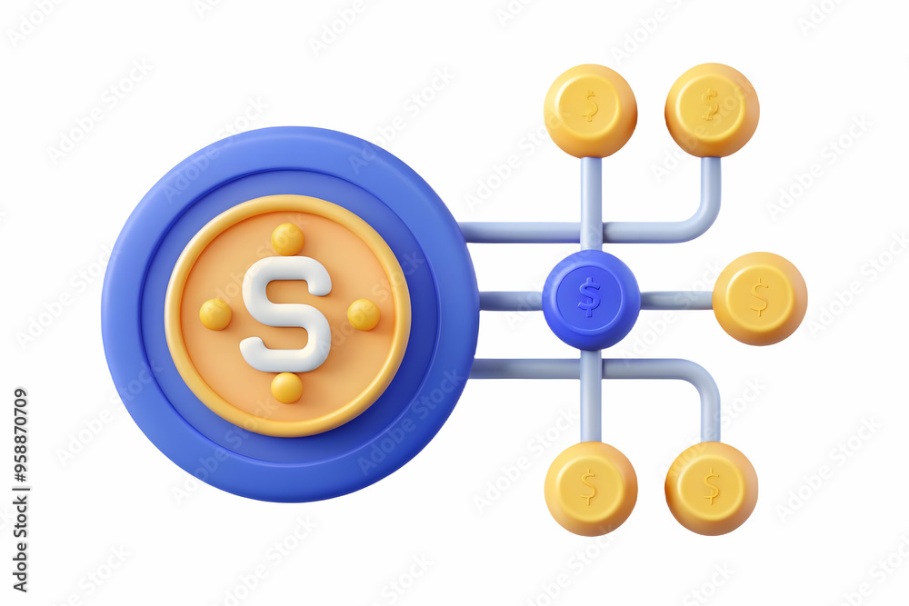 Flat AI Data Stream and Coin Concept - Abstract Vector Illustration of AI-Driven Data Flowing into Financial Decisions on White Background - Smart Business Tone Flat AI Data Stream and Coin Concept - Abstract Vector Illustration of AI-Driven Data Flowing into Financial Decisions on White Background - Smart Business Tone