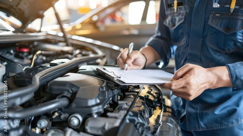 Wallpaper Mural focused auto mechanic inspecting a cars engine in a wellequipped repair shop clipboard in hand exemplifying automotive expertise Torontodigital.ca