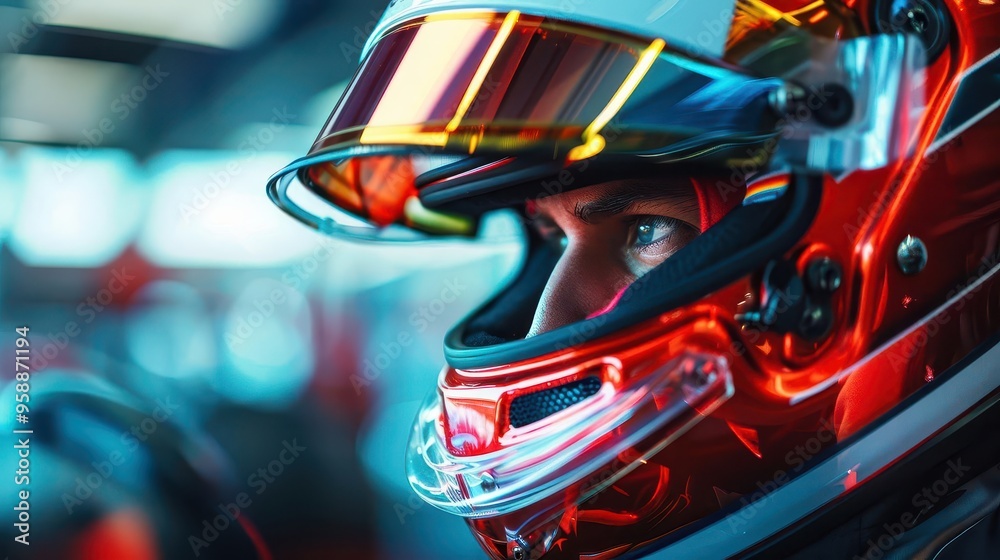 formula one driver intense focus before race helmet closeup reflective visor vibrant team colors sleek car in background highenergy atmosphere capturing anticipation and adrenaline