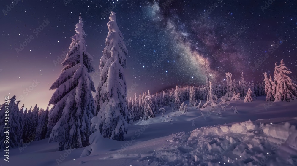 snow-covered pine forest at night with a starry sky snow-covered pine forest at night with a starry sky