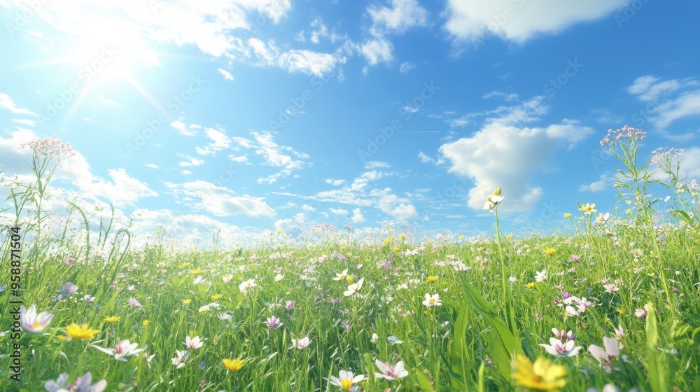 Fototapeta premium A bright, clear sky over a green meadow with wildflowers, creating a vibrant and fresh springtime scene.