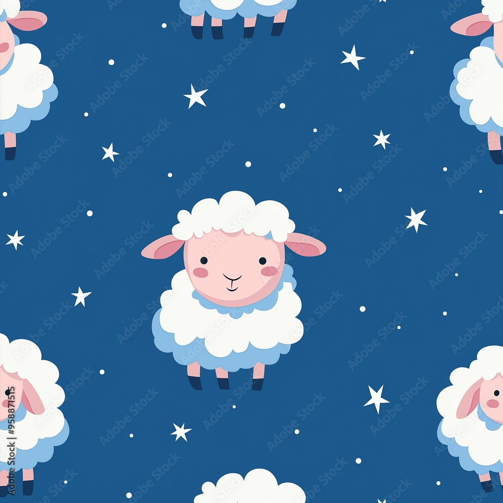 Fototapeta premium Cute Cartoon Sheep Pattern with Stars on Dark Blue Night Sky Background 