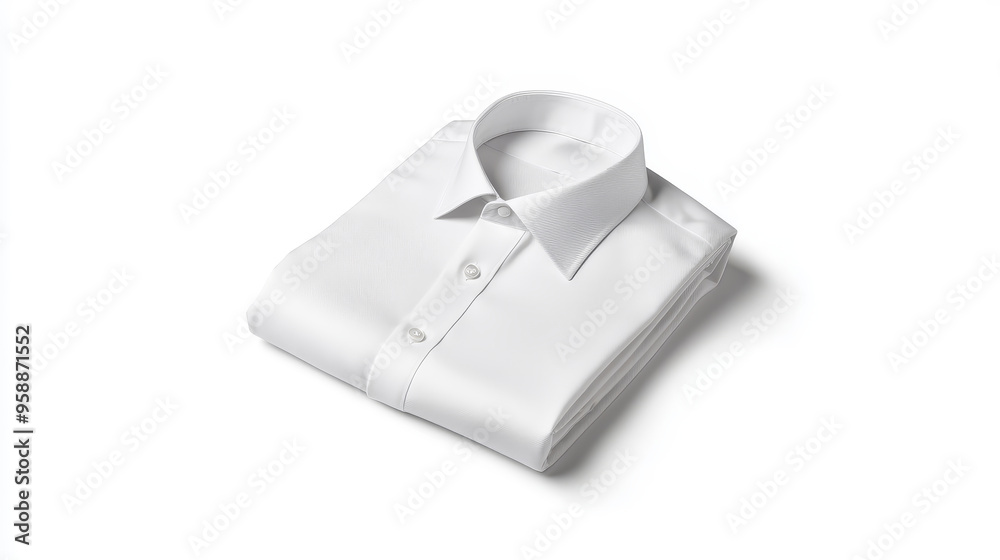 Minimalist white dress shirt, tailored fit with a clean, sleek look, suitable for business or professional clothing advertisements