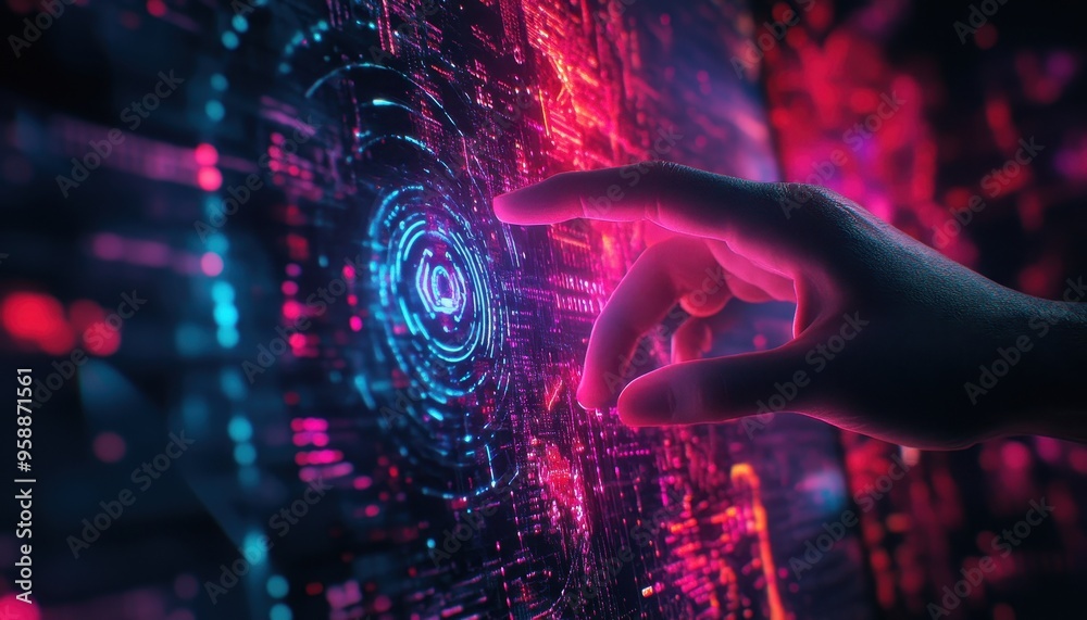 Technological Connection: Futuristic Hand Interacting with Digital Coding Symbols Technological Connection: Futuristic Hand Interacting with Digital Coding Symbols
