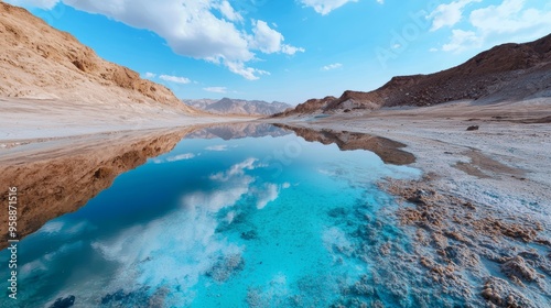 Remote desert oasis with microplastic particles in the water, illustrating unexpected sources of contamination