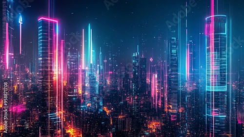 Wallpaper Mural Futuristic urban skyline with bright, colorful lights and tall structures. Premium background for the latest technology needs. generative ai Torontodigital.ca