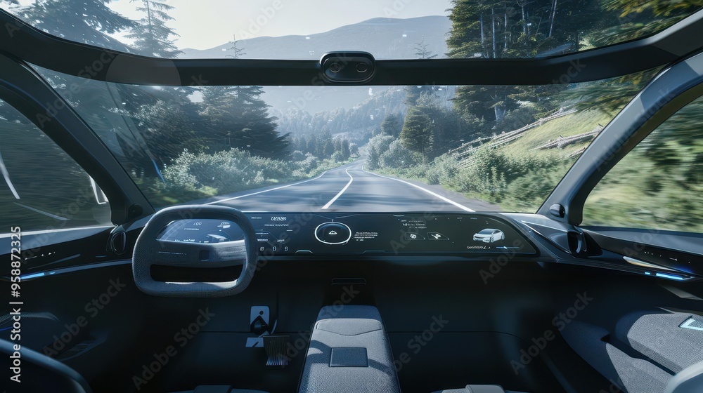 futuristic autonomous vehicle interior with a panoramic smart glass windshield displaying augmented reality navigation and a minimalist voicecontrolled cockpit futuristic autonomous vehicle interior with a panoramic smart glass windshield displaying augmented reality navigation and a minimalist voicecontrolled cockpit