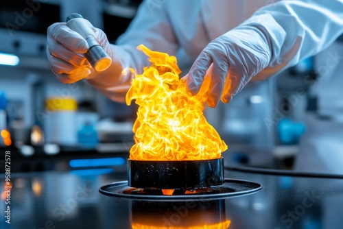 Accident, in a laboratory, fire outbreak due to mishandling of flammable materials photo
