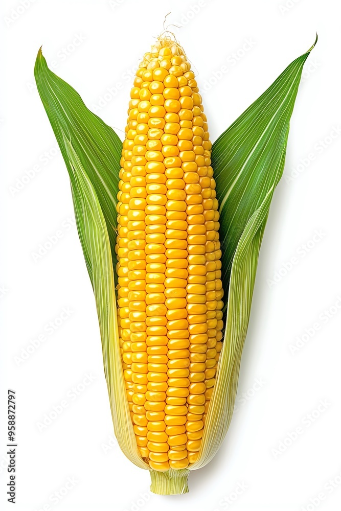 Obraz premium Fresh yellow corn on the cob, surrounded by green leaves, perfect for culinary presentations and healthy meals.