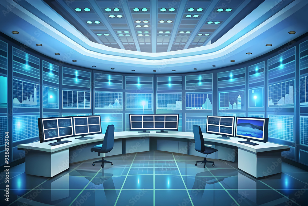 Obraz premium Flat Vector Illustration of AI-Driven Energy Control Room Background - Transforming Energy Management Technology with Cost-Efficient Solutions | Smart Business Tone